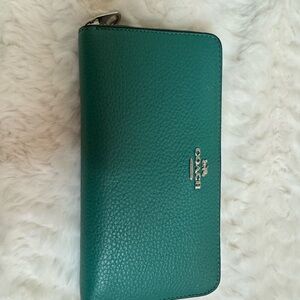 Coach Emerald Green Long Zip Around Wallet in Pebbled Leather